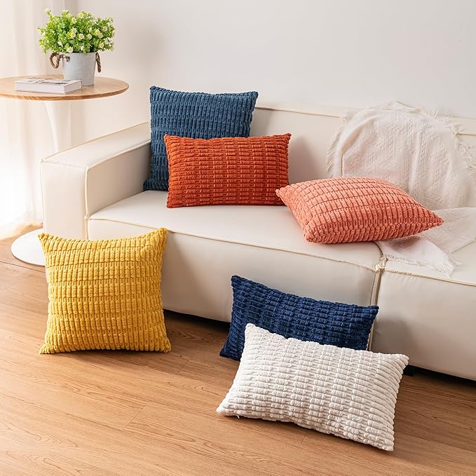 Aegero Corduroy Decorative Throw Pillow Covers 14x36 Inch Soft Striped Pillow Covers Modern Farmhouse Home Decor for Sofa Living Room Couch Bed（Cream White）