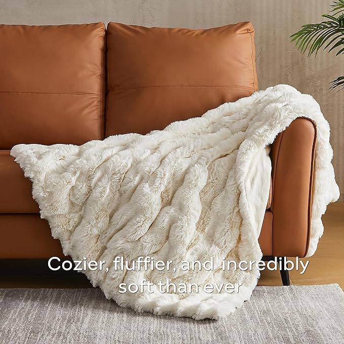JELLYMONI Faux Fur Throw Blanket, White Throw Blanket for Couch, Fuzzy Cozy Plush Bubble Bed Blanket, Thick and Warm Blanket, King (108" x 90")