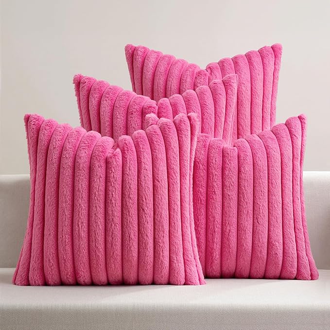 MIULEE Faux Fur Plush Decorative Throw Pillow Covers 18x18 Set of 4, Spring Modern Soft Fuzzy Striped Cushion Covers for Sofa Couch Bed Living Room Cozy Home Decor,Hot Pink