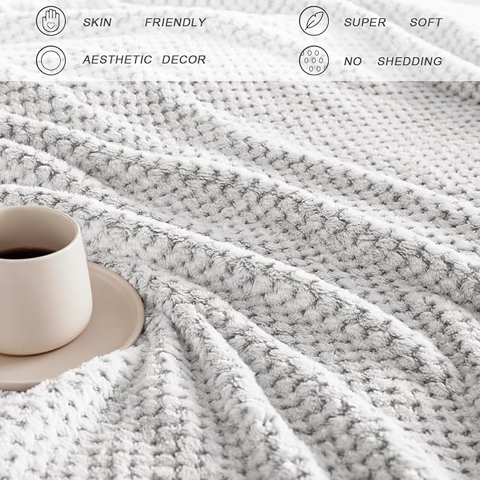 Exclusivo Mezcla Fleece Bed Blanket Queen Size, Super Soft and Warm Blankets for Couch, Sofa and Bed Waffle Textured, Cozy, Fuzzy and Lightweight (Heather Light Grey, 90x90 Inches)