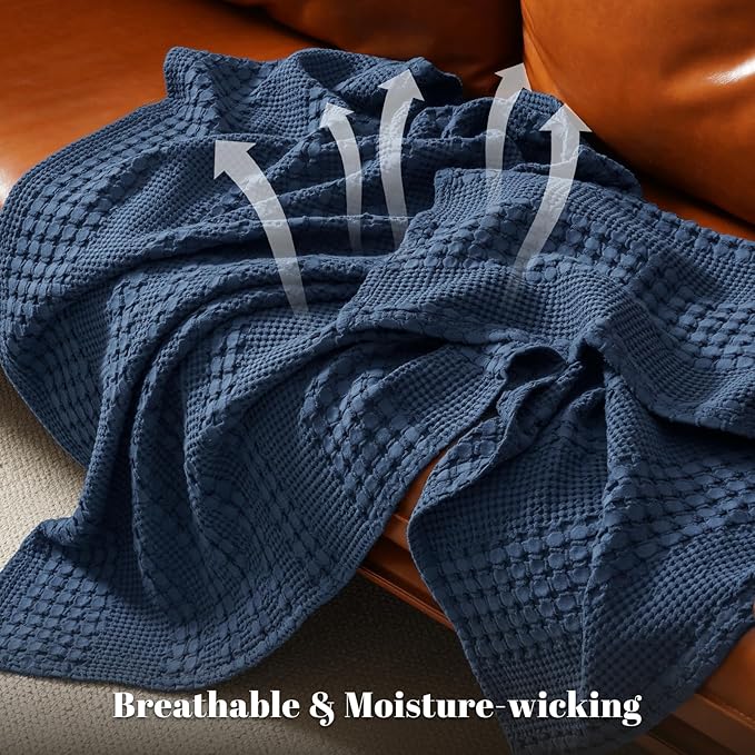 PHF 100% Cotton Waffle Weave Blanket King Size for Bed, Soft Lightweight & Breathable for Spring and Summer, All-Season Comfort, Luxury Aesthetic Blanket for Home Decor, 108"x90", Blue Sapphire