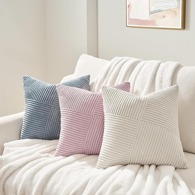 Topfinel Cream White Decorative Neutral Throw Pillow Covers 18x18 Inch for Couch Sofa Bed, Soft Corduroy Striped Patchwork Windmill Textured Square Cushion Covers Set of 2 Spring Boho Home Decor