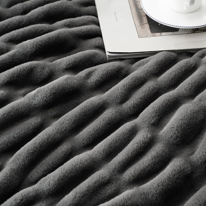 BATTILO HOME Luxury Grey Faux Fur Throw Blanket, Double Side Ruched Rabbit Fur Blanket for Couch, Bed, Cozy Soft Warm Blanket, 60x80 Inches