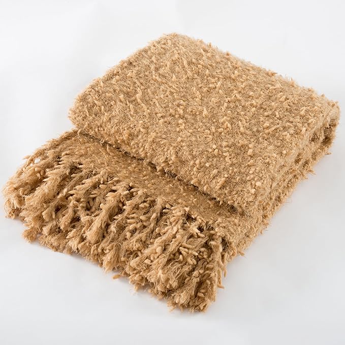 Winter Knit Throw Blanket Fluffy Fuzzy Soft Lightweight Cozy Farmhouse Tassels Chunky Knitted Throws for Couch Sofa Bed (Camel, 50"x60")