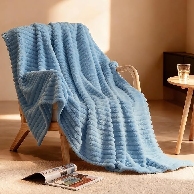 Nookly Light Blue Twin Size Fleece Blanket, Soft Lightweight Ribbed Plush Bed Blanket, Cozy All-Season Striped Fleece Twin Throw for Bedroom and Home, 60x80 Inches