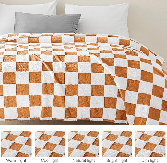 Exclusivo Mezcla Checkered Throw Blanket, Super Soft and Warm Fluffy Fleece Blanket for Couch, Sofa, Bed, Cute Plaid Pattern, Coral Orange, 50" x 60"