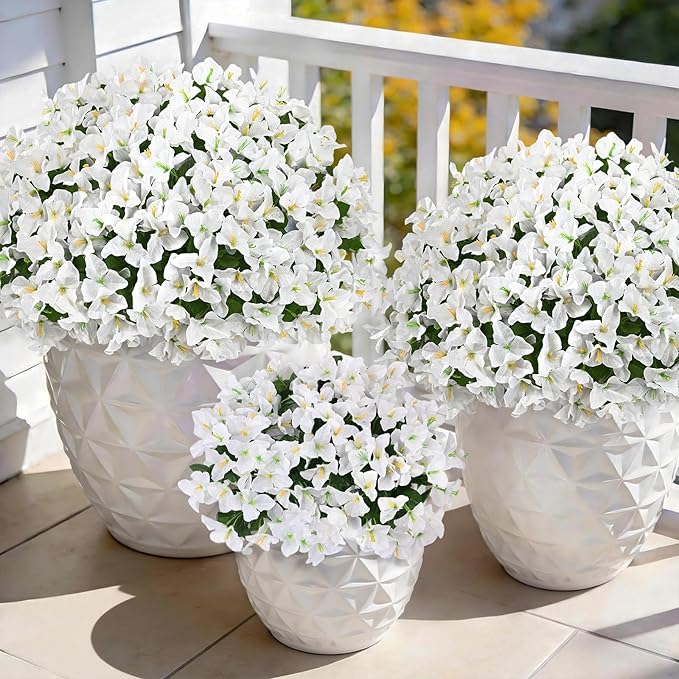 Yastouay 16 Bundles Artificial Flowers for Outdoors, Realistic Bougainvillea Fake Flowers for Outside, UV Resistant Silk Outdoor Faux Plants for Porch Patio Planter Front Door Garden Decor(White)