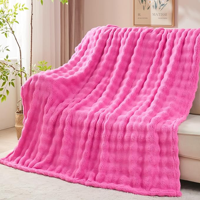 NEWCOSPLAY Throw Blanket for Couch Hot Pink Super Soft Flannel Fleece 3D Bubble Lightweight Bed Blanket All Season Use (Hot Pink, Throw(50"x60"))