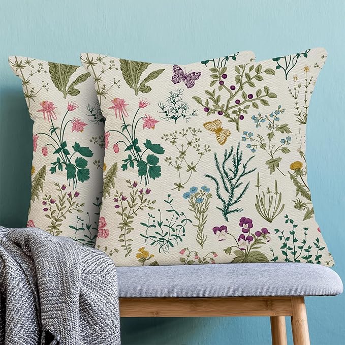 AEIOAE Spring Pillow Covers 22x22 Inch Set of 2,Sage Green Teal Wild Flower Plant Throw Pillows Case,Seasonal Floral Outdoor Decorative Linen Farmhouse Decor Cushion Covers for Home Sofa Bed Couch