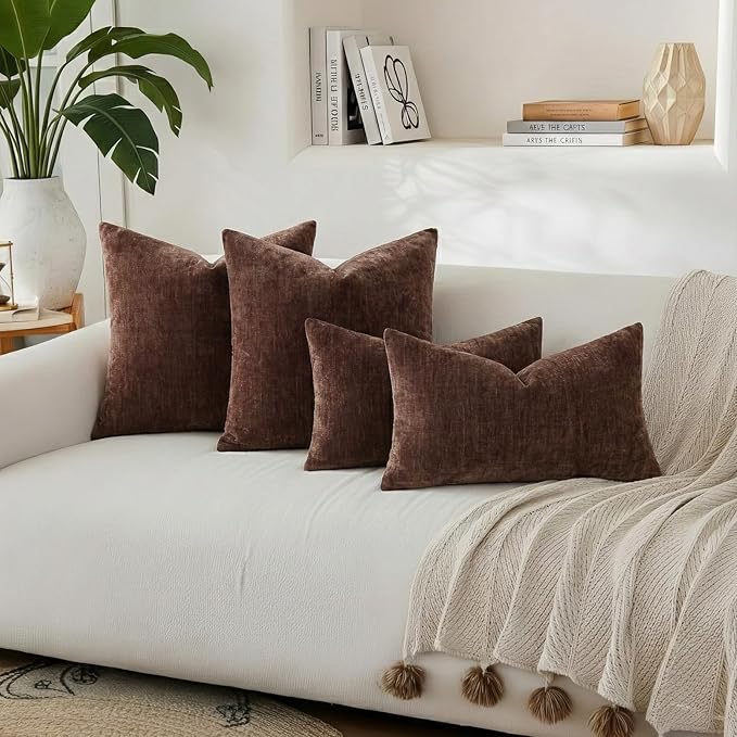 decorUhome Chenille Reddish Brown Throw Pillow Covers 24x24 Inch Set of 2, Decorative Soft Couch Pillow Covers Solid Dyed Accent Farmhouse Neutral Square Pillow Cases for Sofa