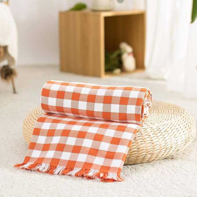 100% Cotton Throw Blanket Plaid Soft Lightweight Cozy Farmhouse Tassels Summer Thin Breathable Throws for Couch Sofa Bed (50" × 60" Orange)