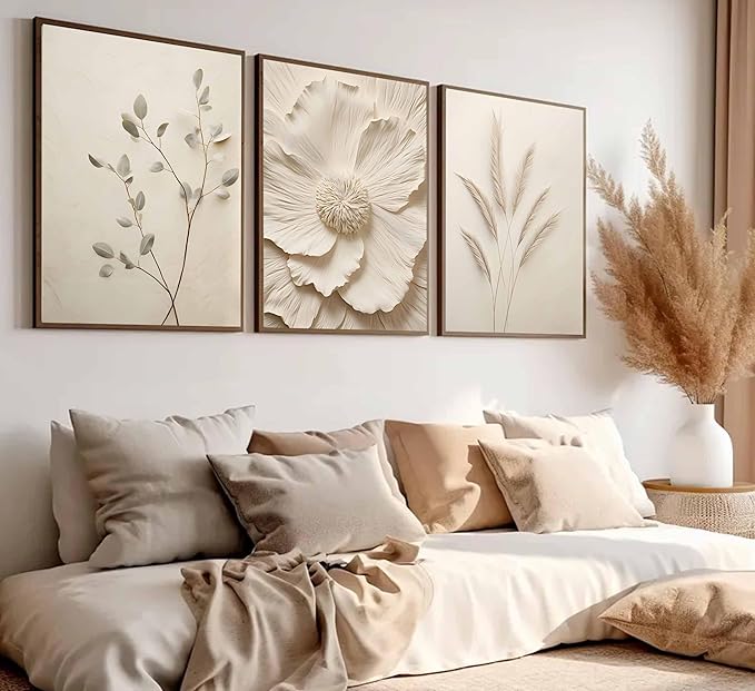 3Pcs Neutral Beige Floral Plant Canvas Wall art Textured Flower Botanical Painting Picture Wall Decor Vintage Blossom Poster Prints for Living Room Bedroom Bathroom Decor Unframed