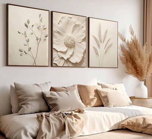3Pcs Neutral Beige Floral Plant Canvas Wall art Textured Flower Botanical Painting Picture Wall Decor Vintage Blossom Poster Prints for Living Room Bedroom Bathroom Decor Unframed