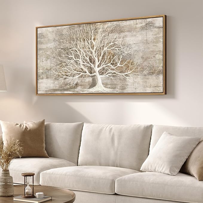 Framed Vintage Tree of Life Wall Art, Neutral Rustic Farmhouse Tree Canvas Painting Print Artwork for Walls, Gray White Beige Modern Abstract Forest Picture for Living Room Bedroom Office Wall Decor