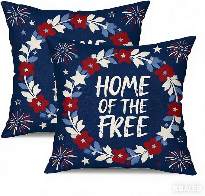 Patriotic Throw Pillow Covers, Home of the Free Floral Design, Linen, 18x18 Inch, Set of 2, Farmhouse Style, Living Room Decor，July 4th Independence Day Pillowcase Series