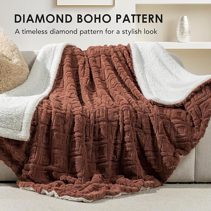 EverGrace Jacquard Boho Sherpa Fleece Throw Blanket for Couch, Super Soft Cozy Fuzzy Plush Blankets for All Seasons, Reversible Thick Warm Blanket for Bed, Sofa, Living Room, Terracotta, 50" x 60"
