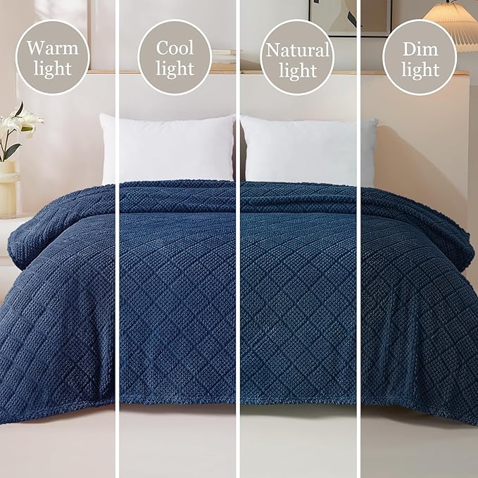 Whale Flotilla Fuzzy Fleece Queen Size Blanket for Bed, Soft Fluffy Jacquard Waffle Blankets for All Season, Lightweight and Warm, 90x90 Inch, Navy Blue