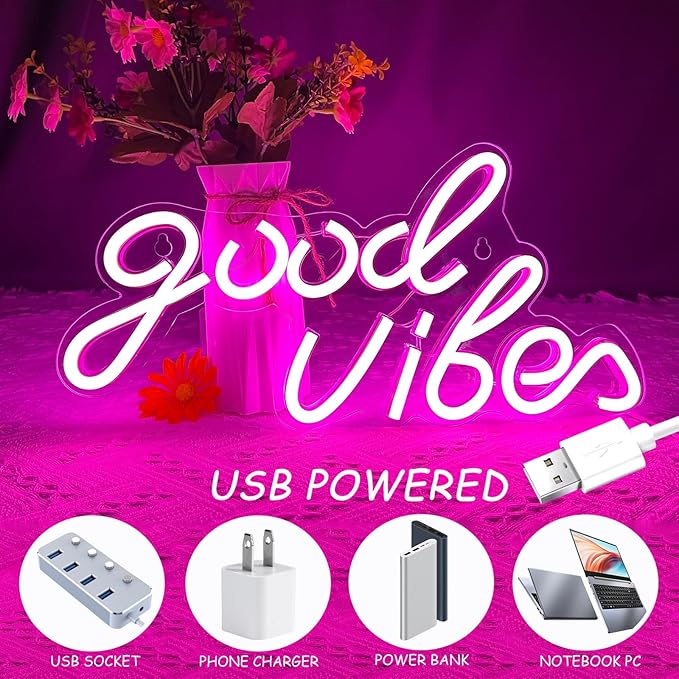Good Vibes Neon Sign Pink Good Vibes Neon Lights USB Operated Aesthetic LED Signs for Bedroom Wall Decor Birthday Party Wedding Salon Bar Home Girl Cave