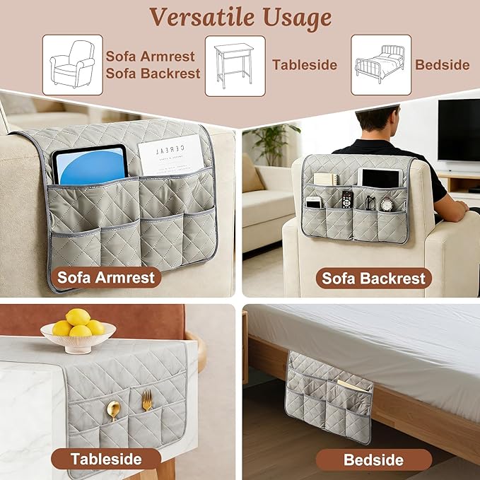 Sofa Armrest Organizer with 6 Pockets, Remote Control Holder for Recliner, Non-Slip Couch Sofa Chair Armrest Organizer, Armchair Caddy Bedside Storage for Magazine Book TV Phone iPad Tablett (Grey)