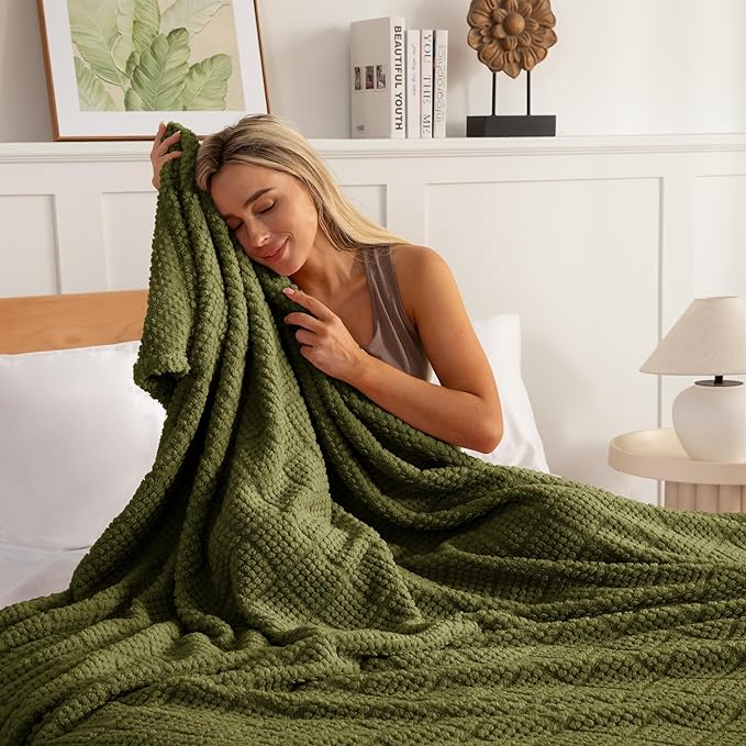 Whale Flotilla Fuzzy Fleece Queen Size Blanket for Bed, Soft Fluffy Jacquard Waffle Blankets for All Season, Lightweight and Warm, 90x90 Inch, Olive
