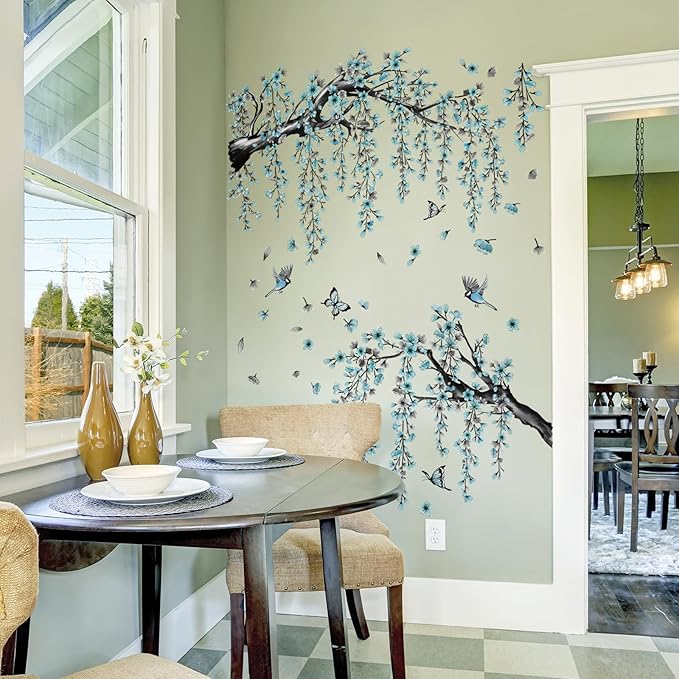 Blue Cherry Blossom Wall Stickers, Spring Watercolor Blue Flower Tree Wall Decals Bird Butterfly Peel and Stick Wall Murals Decor for TV Background Living Room Bedroom (Ink Blue)