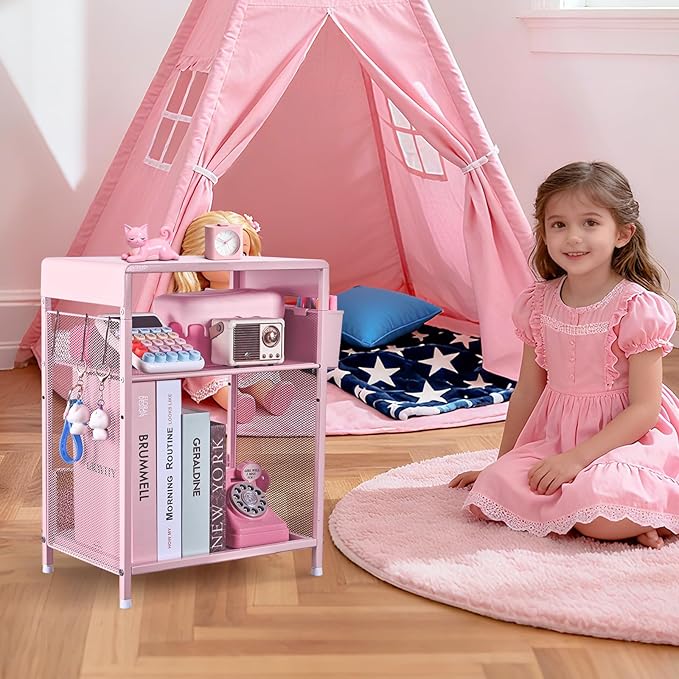 Kids Nightstand, 3-Tier Metal Side Table with Adjustable Storage Shelf, Basket & 3 S-Hooks, Small Bedside Table for Nursery, Toddler Bedroom and Small Spaces (Pink)