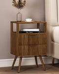 Mid Century Modern Nightstand, Modern Night Stand with 2 Storage Drawer and Opening Storage, Fluted Bedside Table with Solid Wood Legs for Bedroom