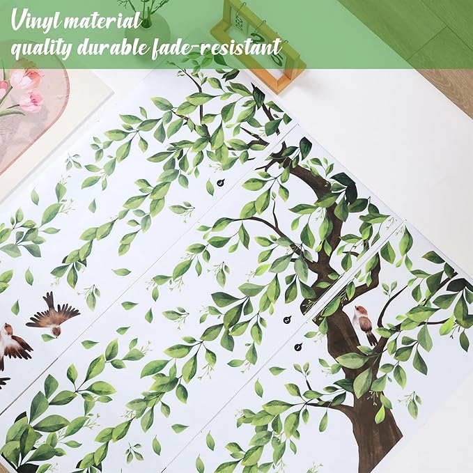 Lilac Wall Decoration Large Green Tree Wall Stickers, 3 Sheets Hanging Vine Tree Wall Decals Peel and Stick Leaves Branch Wall Murals Decor for Living Room Bedroom (Green, 11.8 * 35.4inch)