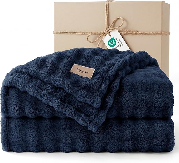 Bedsure 3D Fleece Bubble Blanket - GentleSoft Blue Queen Blanket for Bed Sofa Room Decor - Luxury Soft Cozy Gifts for Her, Lightweight, All Seasons, Navy Blue, 90"×90"