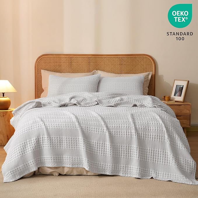 PHF 100% Cotton Waffle Weave Blanket King Size for Bed, Soft Lightweight & Breathable for Spring and Summer, All-Season Comfort, Luxury Aesthetic Blanket for Home Decor, 108"x90", Light Grey