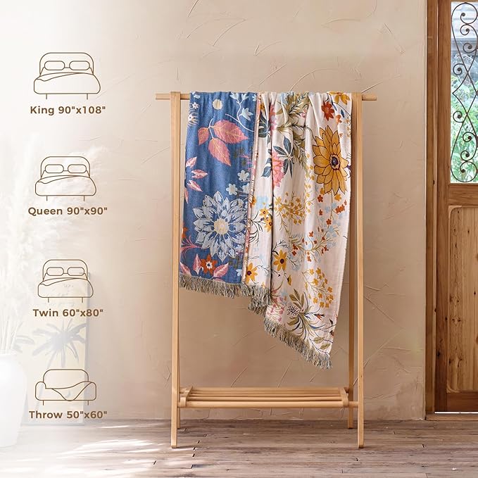 Boho Throw Blanket for Bed Cotton Spring Blankets Twin Size for Bedroom Living Room All Season Lightweight Floral Embroidery Reversible Quilt for Couch Sofa Chair 60"x80" Home Decor