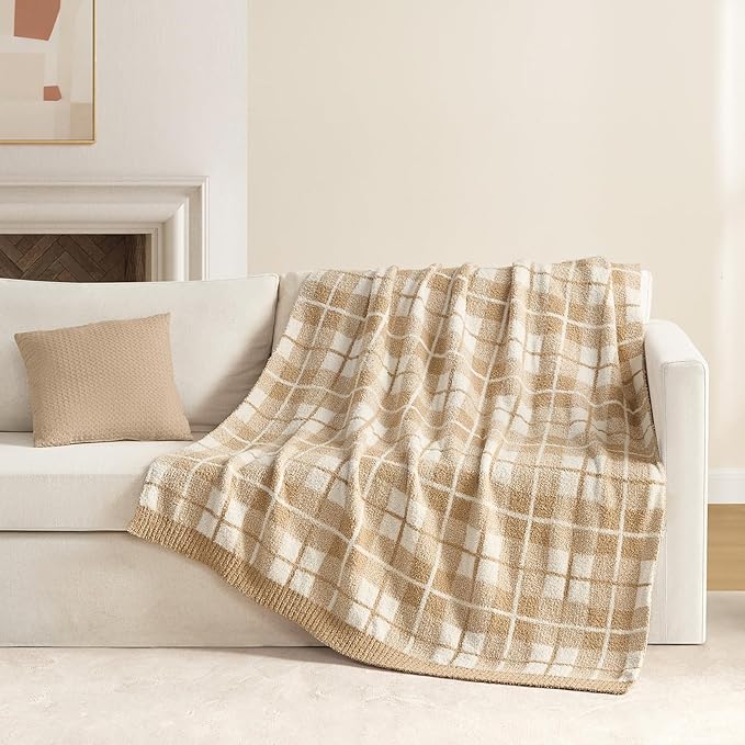 Snuggle Sac Checkered Throw Blanket for Couch, Super Soft Cozy Warm Knit Netural Decorative Fluffy Blankets, Reversible Buffalo Plaid Microfiber Throws for Sofa Bed, Beige Plaid, 50x60 Inches