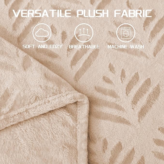 Exclusivo Mezcla Fleece Throw Blanket for Couch, Super Soft and Cozy Blankets All Season Use, Leaves Pattern, Plush Fuzzy Lightweight, Camel, 50x60 Inch