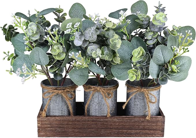 Set of 3 Farmhouse Galvanized Metal Pots Centerpiece Artificial Silver Dollar Eucalyptus Greenery Arrangement with Rectangle Wood Box for Table Desk Shelf Mantel Home Kitchen Indoor Decoration Gifts