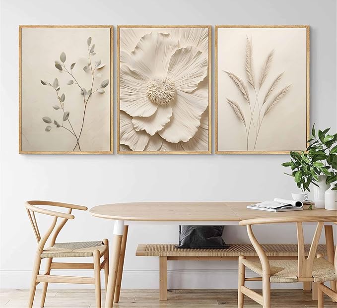 3Pcs Neutral Beige Floral Plant Canvas Wall art Textured Flower Botanical Painting Picture Wall Decor Vintage Blossom Poster Prints for Living Room Bedroom Bathroom Decor Unframed