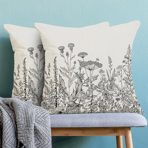 AEIOAE Black White Gray Pillow Covers 20x20 Inch Set of 2, Spring Wildflower Plant Throw Pillows Case,Seasonal Floral Outdoor Decorative Flowers Farmhouse Decor Cushion Covers for Home Sofa Bed Couch
