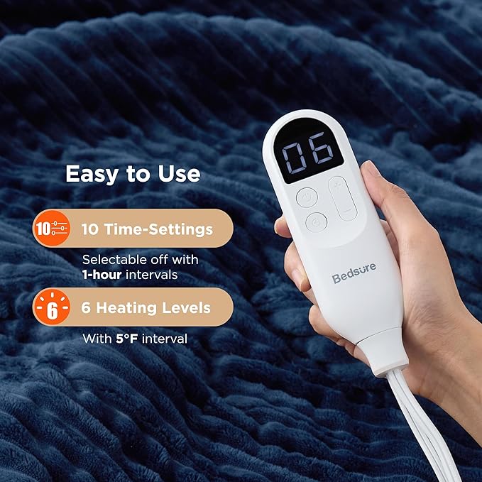 Bedsure GentleSoft Electric Blanket Twin - Soft Ribbed Flannel Heated Blanket, Heating with 10 Time Settings, 6 Heat Settings, and 8 hrs Timer Auto Shut Off, Gifts for Grandma (62x84 inches, Navy)