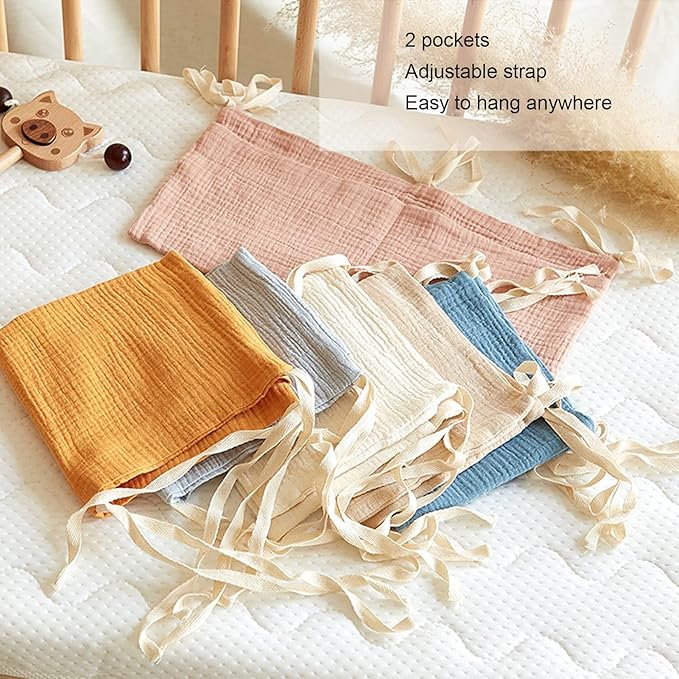 Crib Organizer Hanging for Crib, Linen Baby Bedside Hanging Storage Bag Bedside Caddy Baby Bottle Storage Organizer 2 Pockets Organizer for Baby Cribs and Toys, Turmeric