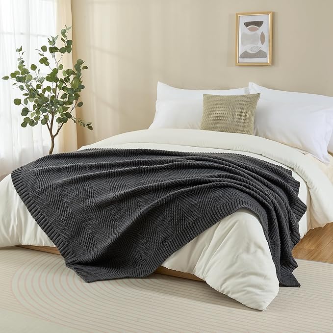 Knitted Throw Blanket 60"X80", Dark Grey Knit Throws for Bed, Super Soft Boho Chevron Blankets for Couch Sofa Chair Room Decor, Textured Decorative Farmhouse Cozy Lightweight