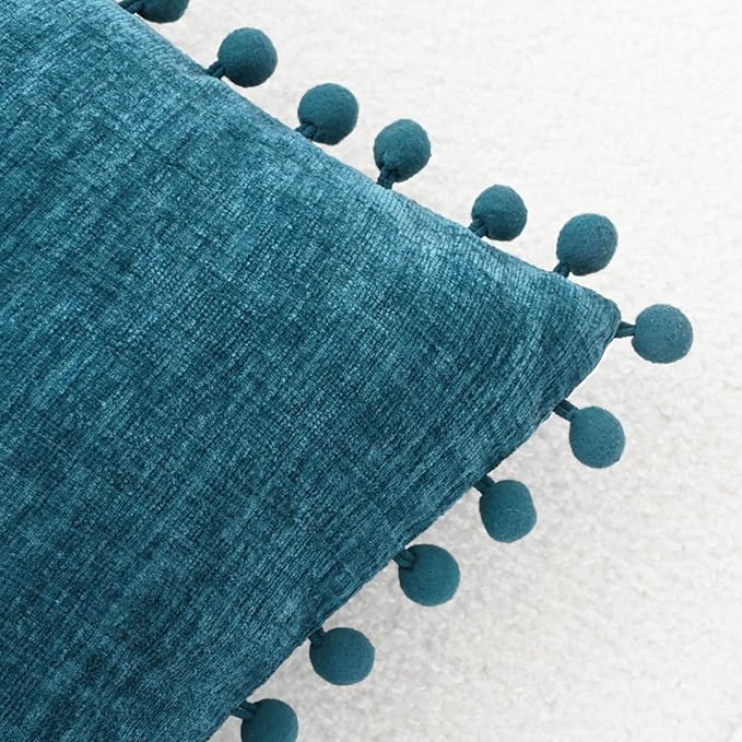 CaliTime Throw Pillow Covers Decorative 16 X 16 Inches Pack of 2 Cozy Solid Dyed Soft Chenille Cushion Cases with Pom Poms for Couch Sofa Bed Living Room Home Ocean Blue
