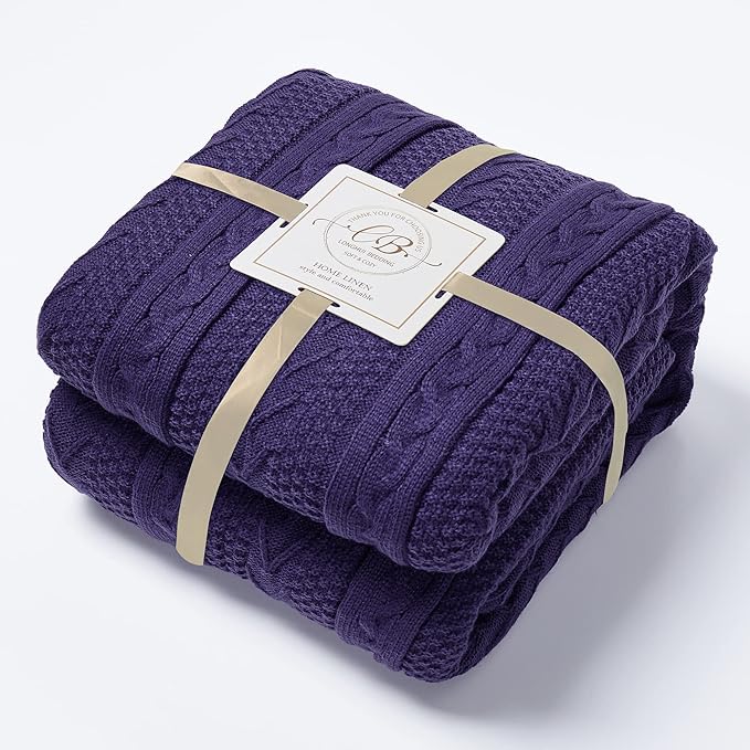 Longhui bedding Acrylic Cable Knit Sherpa Throw Blanket - Thick, Soft, Big, Cozy Knitted Fleece Blankets for Couch, Sofa, Bed - Large 60 x 80 Inches Coverlet All Season,Purple