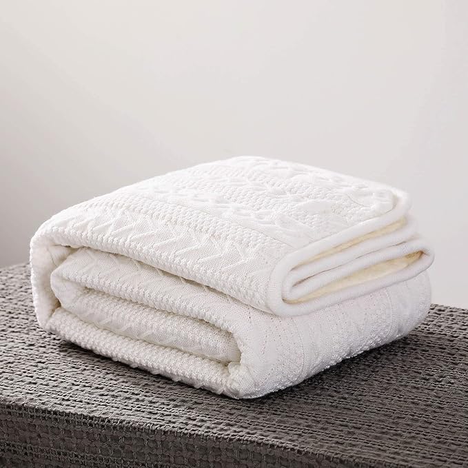 Longhui bedding Acrylic Cable Knit Sherpa Throw Blanket – Thick, Soft, Big, Cozy Ivory White Knitted Fleece Blankets for Couch, Sofa, Bed – Large 50 x 63 Inches Ivory White Coverlet All Season