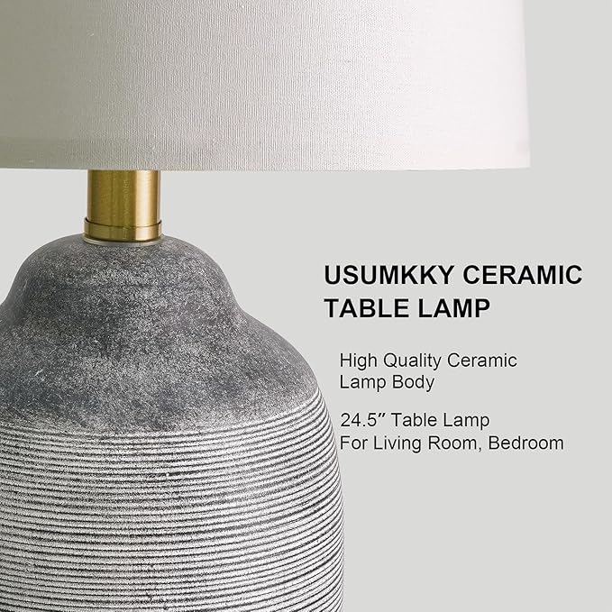 24.5" Vintage Ceramic Table Lamp with 5FT Cord,Single Farmhouse Rustic Bedside Lamp with Natural Textured Finish, Nightstand Lamps for Living Room, Bedroom End Table Office Rustic Black & Gray