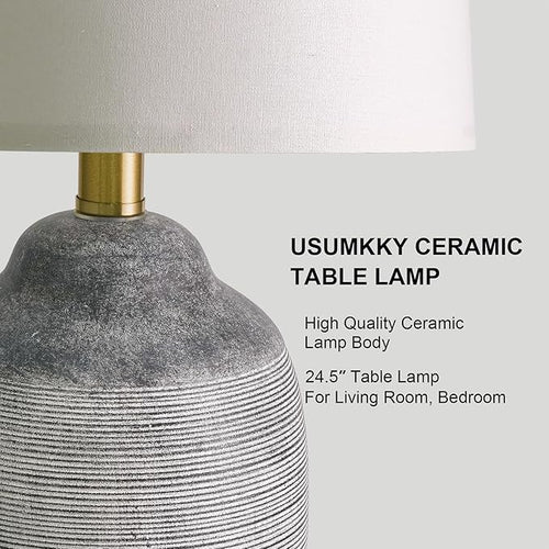 24.5" Vintage Ceramic Table Lamp with 5FT Cord,Single Farmhouse Rustic Bedside Lamp with Natural Textured Finish, Nightstand Lamps for Living Room, Bedroom End Table Office Rustic Black & Gray