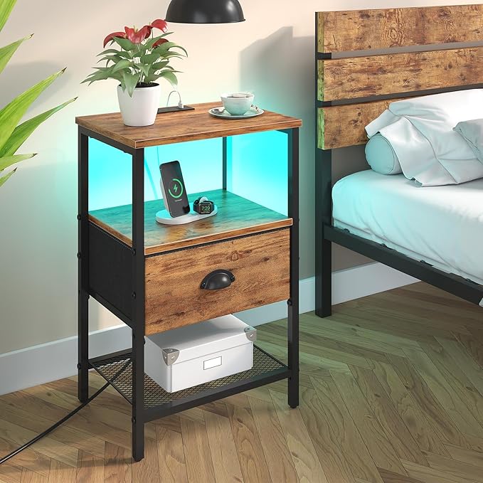 Nightstands Set of 2, LED Night Stands with Charging Station and Fabric Drawer, Bedside Tables with Drawers, 2- Tier LED Side Table End Table Charging Station Livingroom Bedroom,Rustic Brown
