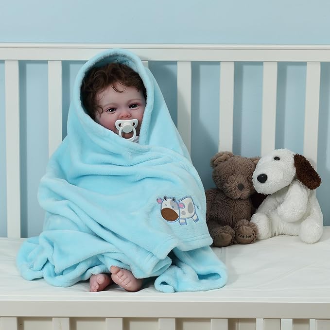 CREVENT 2Pcs 30''X40'' Cute Cozy Fluffy Warm Baby Blankets for Infants Toddlers' Bedding Crib Cot Stroller - Grey Cloud + Blue Cow