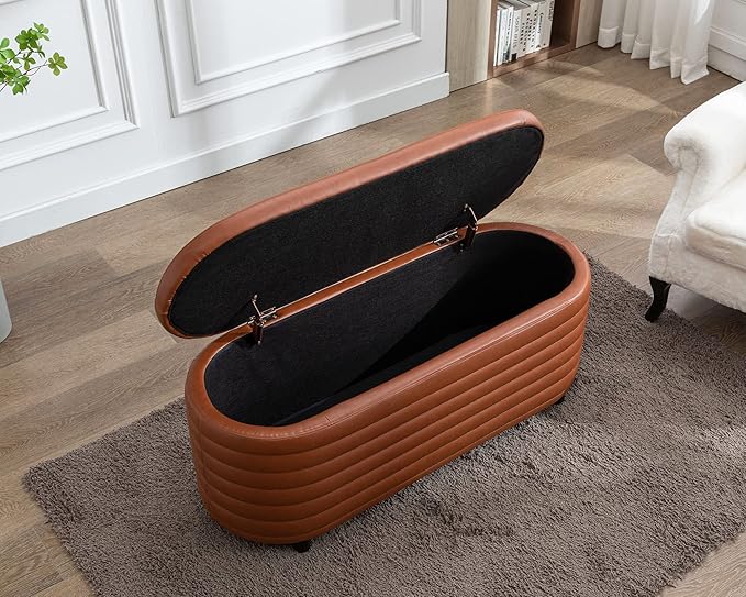 Storage Ottoman Bench Upholstered PU Leather End of Bed Stool with Safety Hinge for Bedroom, Living Room, Entryway (45.5-inch, Brown)