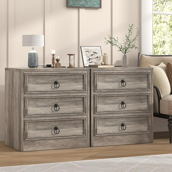 Farmhouse Nightstand with Charging Station, 21.7" Wide End Table with 3 Drawers, Grey Wood Side Table, Bedside Table for Bedroom, Living Room, Sofa