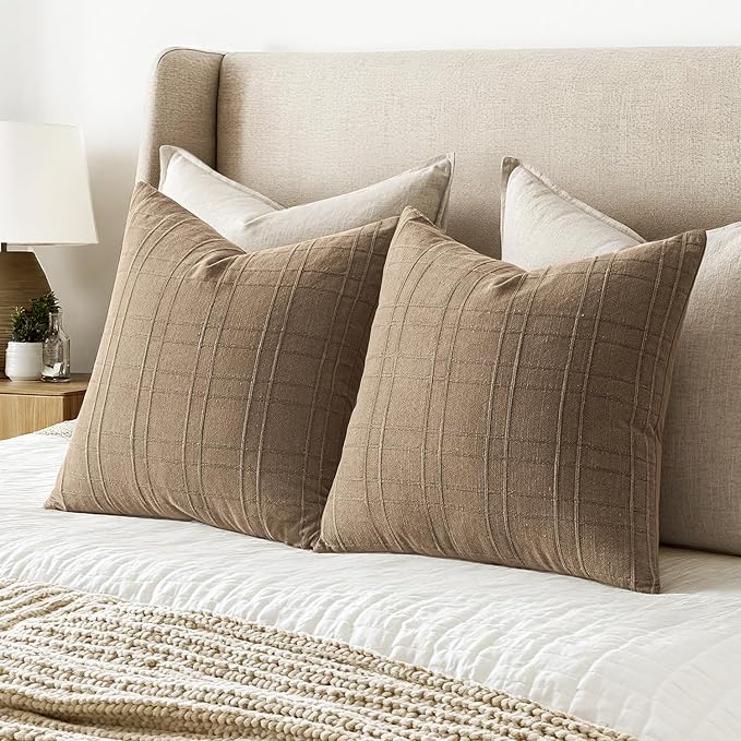 MIULEE Decorative Linen Check Euro Shams Throw Pillow Covers Neutral Farmhouse Vintage Pillow Covers 24x24 Set of 2 Boho Modern Winter Home Decor for Sofa Couch Bedroom Cushion Light Brown