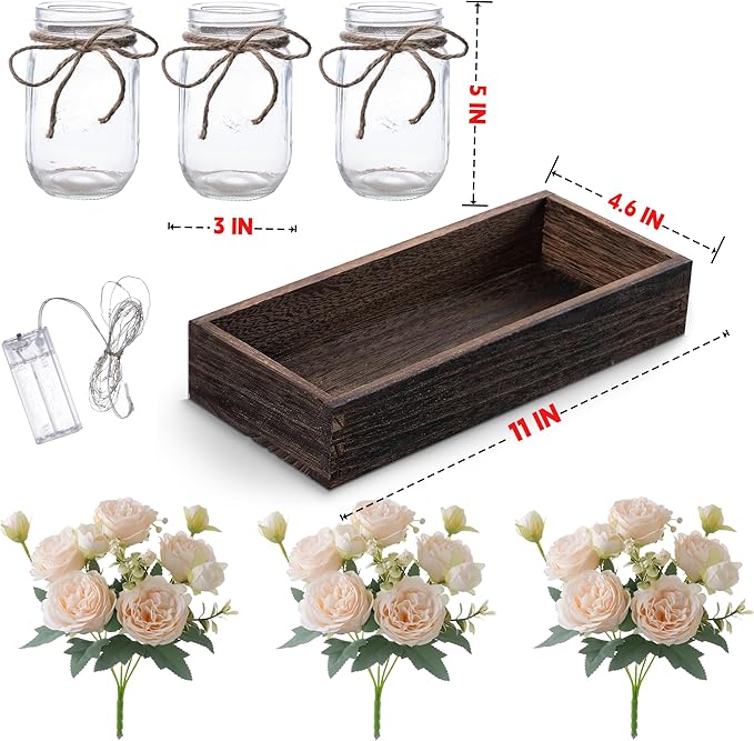 LUEUR Mason Jar Lights Centerpiece with Farmhouse Wood Tray – 3 Jars with Champagne Peony Spring Flowers, Rustic Spring & Wedding Decoration for Dining Table, Coffee Table, Kitchen & Living Room